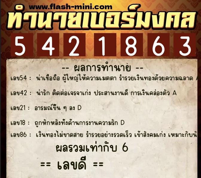 ทำนายเบอร์มงคล 0XX-5421863  ทำนายเบอร์มงคล หมายเลข 086-542186 
