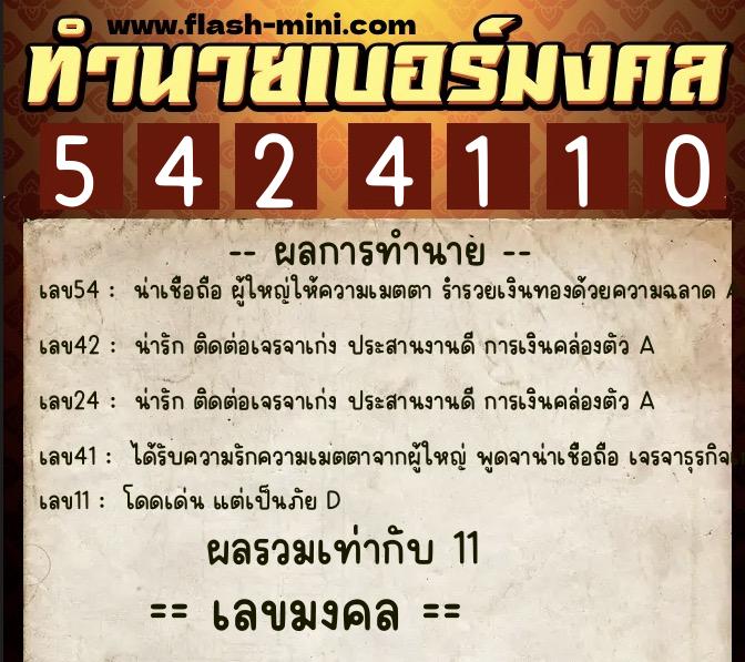 ทำนายเบอร์มงคล 0XX-5424110  ทำนายเบอร์มงคล หมายเลข 096-542411 