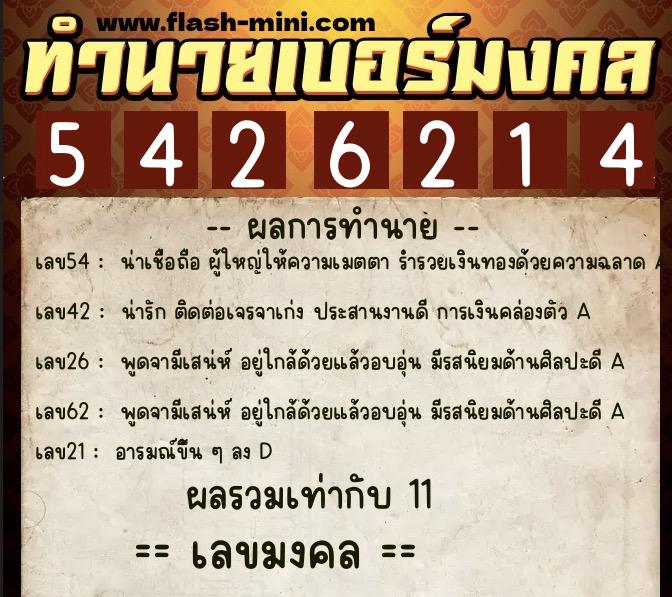 ทำนายเบอร์มงคล 0XX-5426214  ทำนายเบอร์มงคล หมายเลข 089-542621 