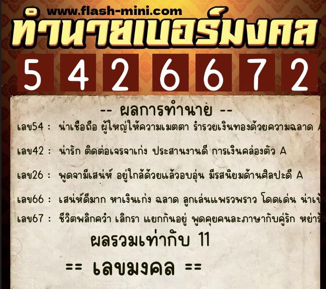 ทำนายเบอร์มงคล 0XX-5426672  ทำนายเบอร์มงคล หมายเลข 091-542667 