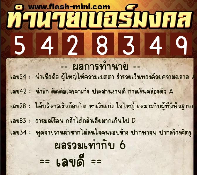 ทำนายเบอร์มงคล 0XX-5428349  ทำนายเบอร์มงคล หมายเลข 098-542834 