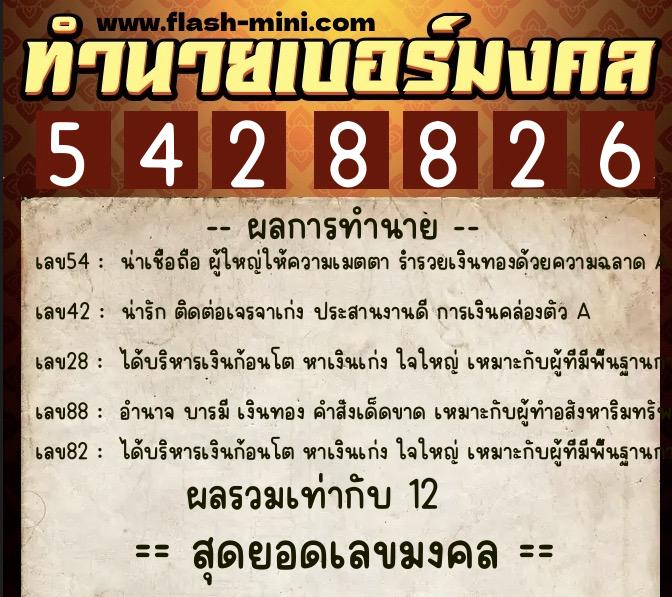 ทำนายเบอร์มงคล 0XX-5428826  ทำนายเบอร์มงคล หมายเลข 064-542882 