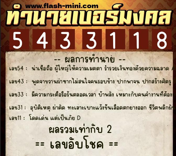 ทำนายเบอร์มงคล 0XX-5433118  ทำนายเบอร์มงคล หมายเลข 065-543311 