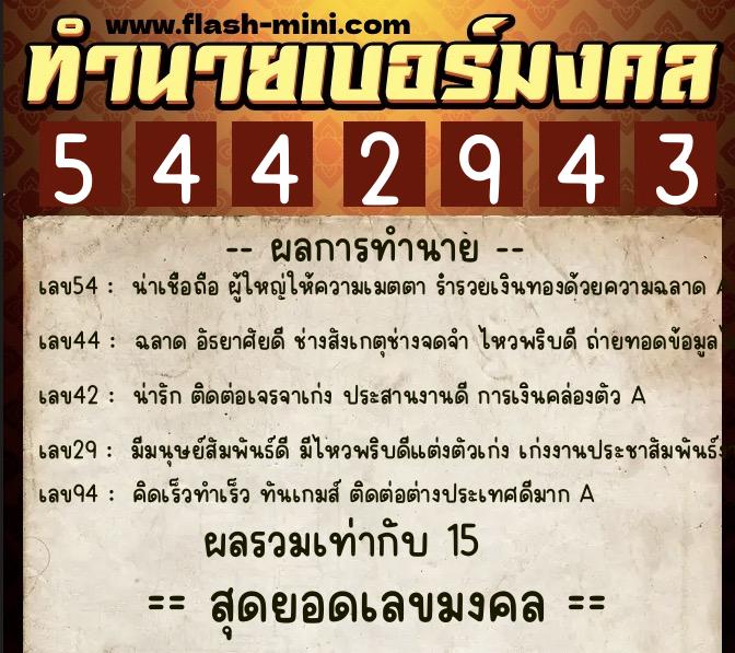 ทำนายเบอร์มงคล 0XX-5442943  ทำนายเบอร์มงคล หมายเลข 080-544294 