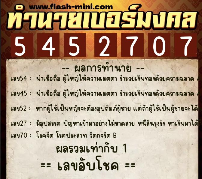 ทำนายเบอร์มงคล 0XX-5452707  ทำนายเบอร์มงคล หมายเลข 094-545270 
