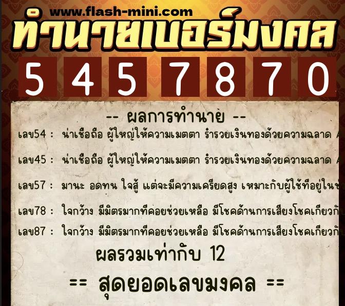 ทำนายเบอร์มงคล 0XX-5457870  ทำนายเบอร์มงคล หมายเลข 065-545787 