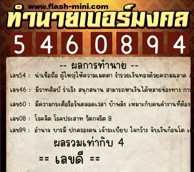 ทำนายเบอร์มงคล 0XX-5460894  ทำนายเบอร์มงคล หมายเลข 066-546089 
