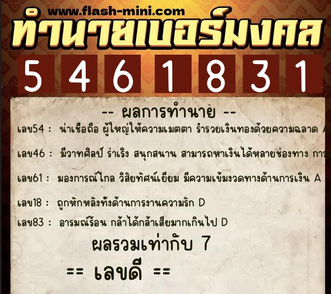 ทำนายเบอร์มงคล 0XX-5461831  ทำนายเบอร์มงคล หมายเลข 089-546183 