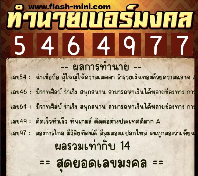 ทำนายเบอร์มงคล 0XX-5464977  ทำนายเบอร์มงคล หมายเลข 062-546497 