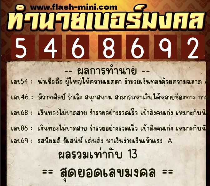 ทำนายเบอร์มงคล 0XX-5468692 ทำนายเบอร์มงคล หมายเลข 062-546869 ทำนายเบอร์มงคล 0XX-5468692 ทำนายเบอร์มงคล หมายเลข 062-546869