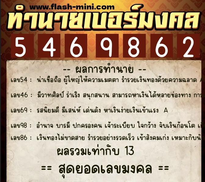 ทำนายเบอร์มงคล 0XX-5469862  ทำนายเบอร์มงคล หมายเลข 096-546986 