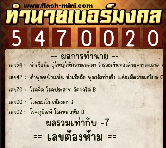 ทำนายเบอร์มงคล 0XX-5470020  ทำนายเบอร์มงคล หมายเลข 066-547002 
