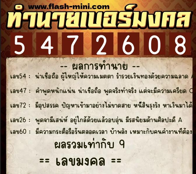 ทำนายเบอร์มงคล 0XX-5472608  ทำนายเบอร์มงคล หมายเลข 061-547260 