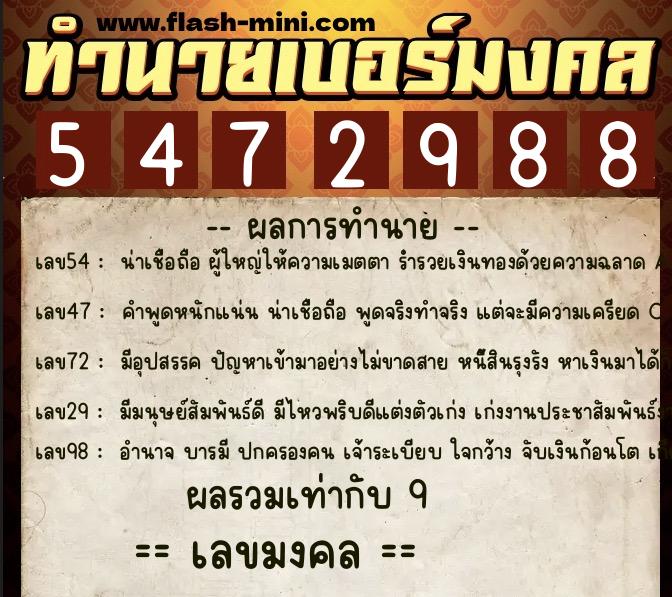 ทำนายเบอร์มงคล 0XX-5472988  ทำนายเบอร์มงคล หมายเลข 097-547298 