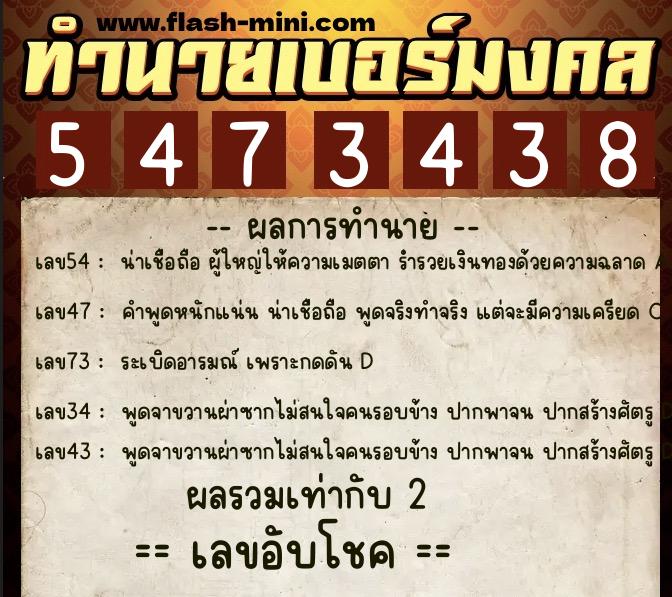ทำนายเบอร์มงคล 0XX-5473438  ทำนายเบอร์มงคล หมายเลข 067-547343 