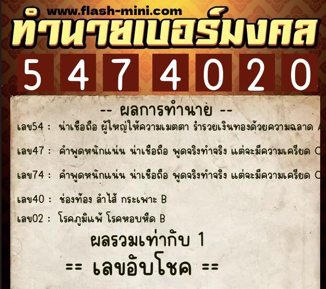 ทำนายเบอร์มงคล 0XX-5474020  ทำนายเบอร์มงคล หมายเลข 062-547402 