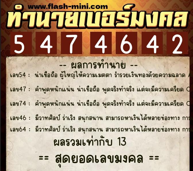 ทำนายเบอร์มงคล 0XX-5474642  ทำนายเบอร์มงคล หมายเลข 088-547464 