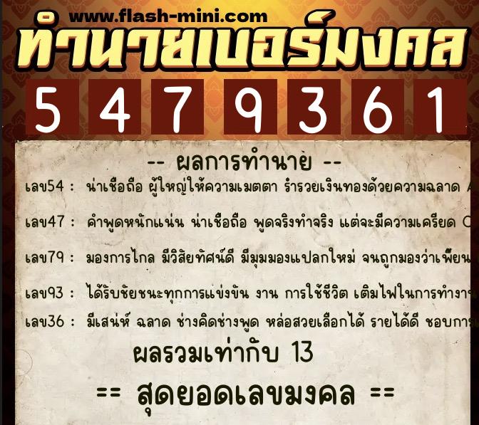 ทำนายเบอร์มงคล 0XX-5479361  ทำนายเบอร์มงคล หมายเลข 094-547936 