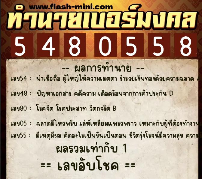 ทำนายเบอร์มงคล 0XX-5480558  ทำนายเบอร์มงคล หมายเลข 068-548055 