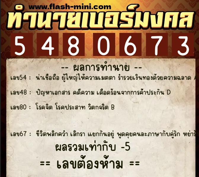 ทำนายเบอร์มงคล 0XX-5480673  ทำนายเบอร์มงคล หมายเลข 080-548067 
