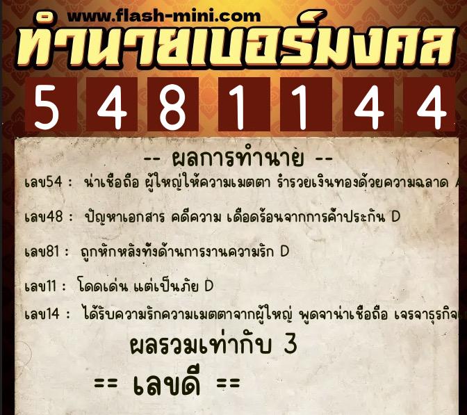 ทำนายเบอร์มงคล 0XX-5481144  ทำนายเบอร์มงคล หมายเลข 095-548114 