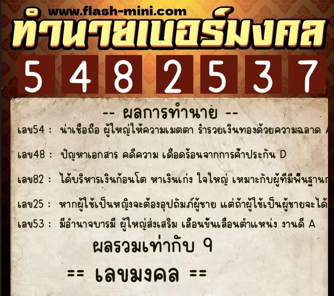 ทำนายเบอร์มงคล 0XX-5482537  ทำนายเบอร์มงคล หมายเลข 098-548253 