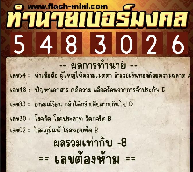ทำนายเบอร์มงคล 0XX-5483026  ทำนายเบอร์มงคล หมายเลข 060-548302 