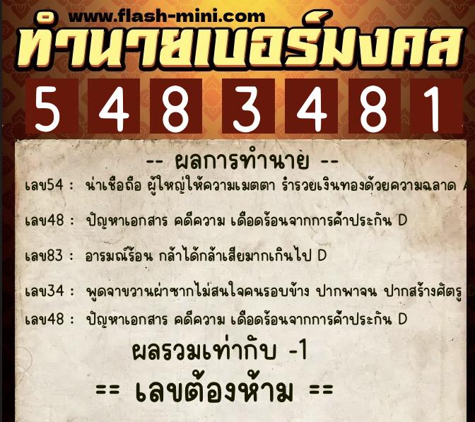 ทำนายเบอร์มงคล 0XX-5483481  ทำนายเบอร์มงคล หมายเลข 060-548348 