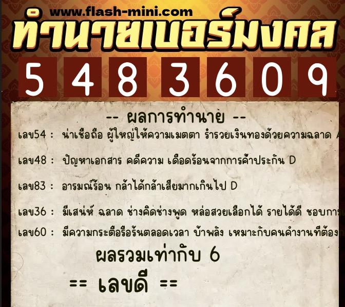 ทำนายเบอร์มงคล 0XX-5483609  ทำนายเบอร์มงคล หมายเลข 096-548360 
