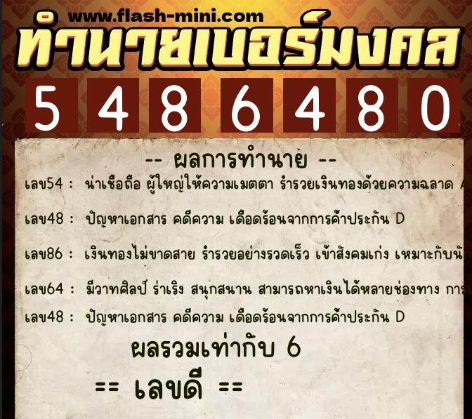 ทำนายเบอร์มงคล 0XX-5486480  ทำนายเบอร์มงคล หมายเลข 082-548648 