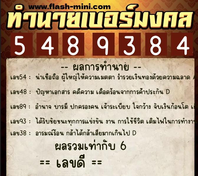 ทำนายเบอร์มงคล 0XX-5489384  ทำนายเบอร์มงคล หมายเลข 081-548938 
