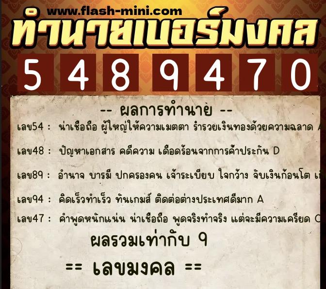 ทำนายเบอร์มงคล 0XX-5489470  ทำนายเบอร์มงคล หมายเลข 062-548947 