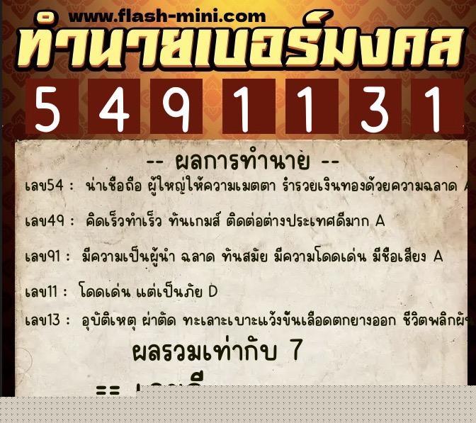 ทำนายเบอร์มงคล 0XX-5491131  ทำนายเบอร์มงคล หมายเลข 090-549113 