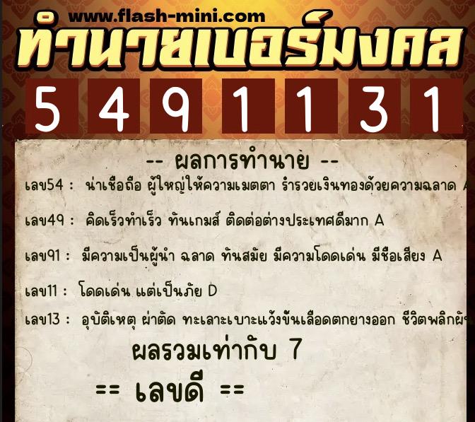 ทำนายเบอร์มงคล 0XX-5491131  ทำนายเบอร์มงคล หมายเลข 091-549113 