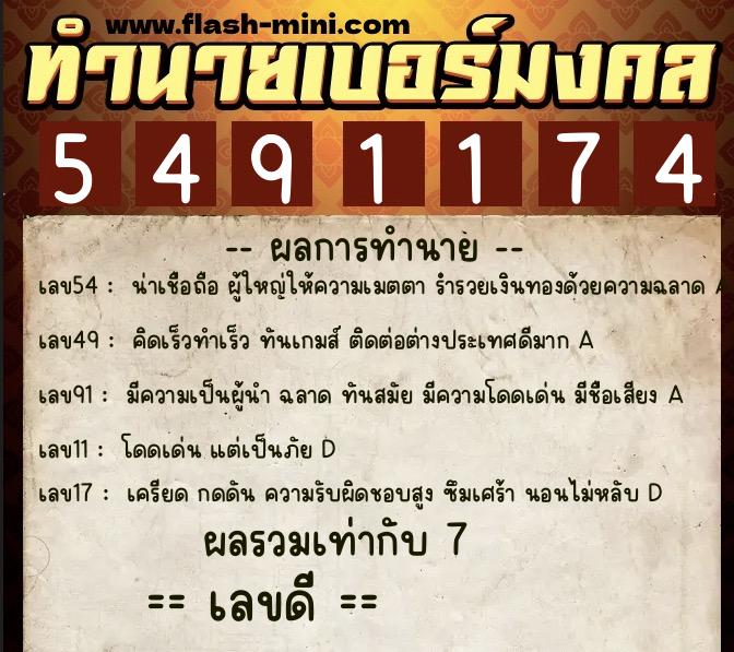 ทำนายเบอร์มงคล 0XX-5491174  ทำนายเบอร์มงคล หมายเลข 068-549117 