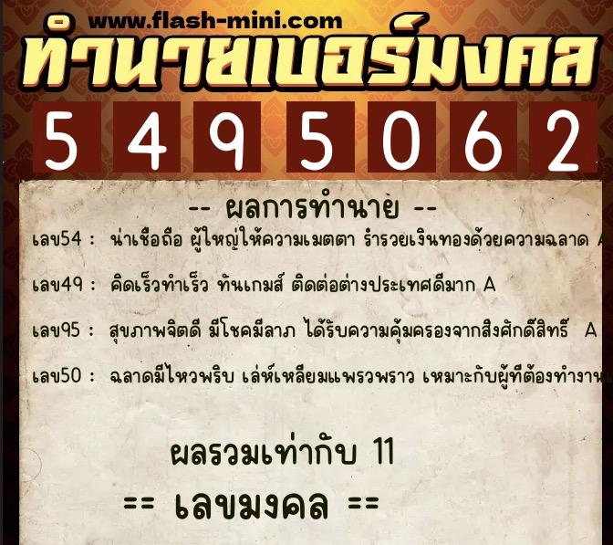 ทำนายเบอร์มงคล 0XX-5495062  ทำนายเบอร์มงคล หมายเลข 096-549506 