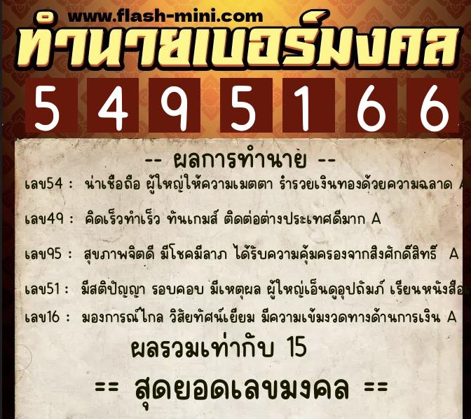 ทำนายเบอร์มงคล 0XX-5495166  ทำนายเบอร์มงคล หมายเลข 081-549516 