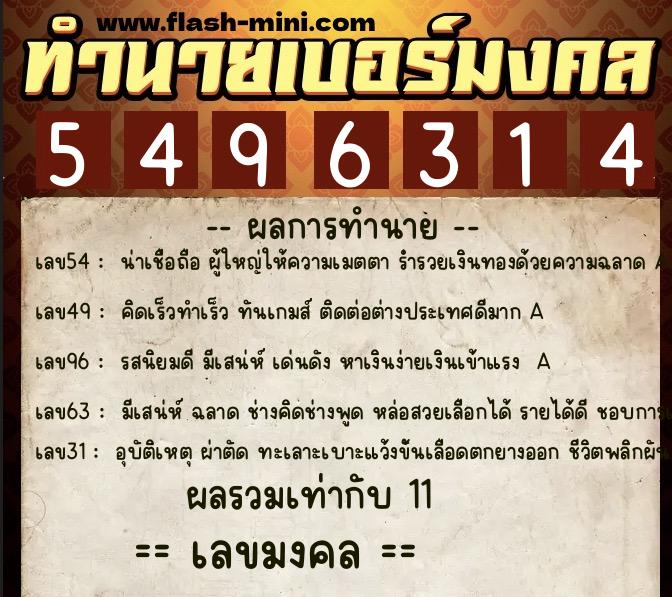 ทำนายเบอร์มงคล 0XX-5496314  ทำนายเบอร์มงคล หมายเลข 094-549631 