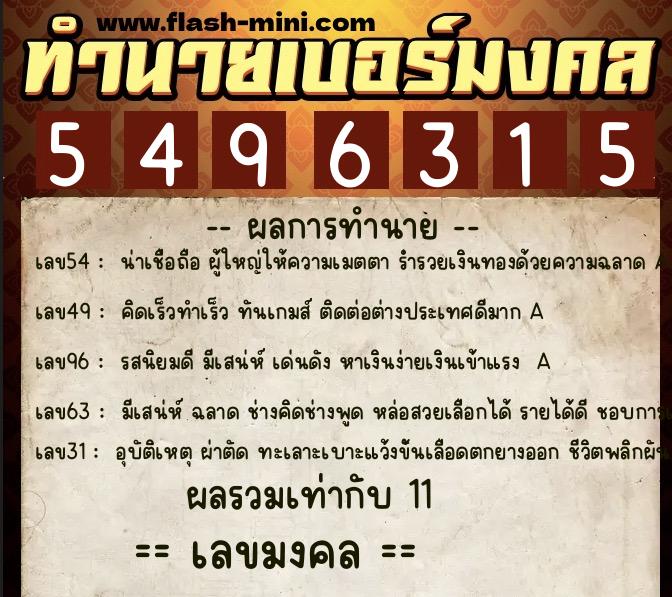 ทำนายเบอร์มงคล 0XX-5496315  ทำนายเบอร์มงคล หมายเลข 095-549631 