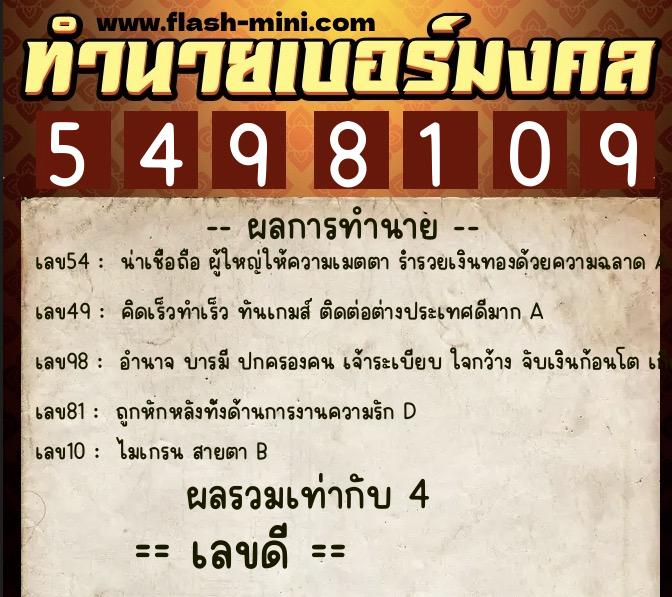 ทำนายเบอร์มงคล 0XX-5498109  ทำนายเบอร์มงคล หมายเลข 087-549810 