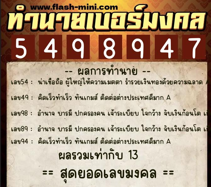ทำนายเบอร์มงคล 0XX-5498947  ทำนายเบอร์มงคล หมายเลข 086-549894 