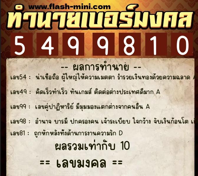 ทำนายเบอร์มงคล 0XX-5499810  ทำนายเบอร์มงคล หมายเลข 063-549981 
