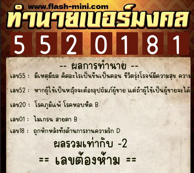 ทำนายเบอร์มงคล 0XX-5520181  ทำนายเบอร์มงคล หมายเลข 097-552018 