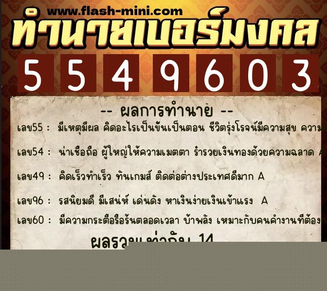 ทำนายเบอร์มงคล 0XX-5549603  ทำนายเบอร์มงคล หมายเลข 062-554960 