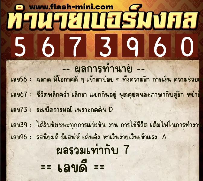 ทำนายเบอร์มงคล 0XX-5673960  ทำนายเบอร์มงคล หมายเลข 084-567396 