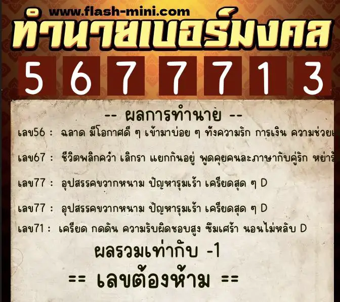 ทำนายเบอร์มงคล 0XX-5677713 ทำนายเบอร์มงคล หมายเลข 061-567771 ทำนายเบอร์มงคล 0XX-5677713 ทำนายเบอร์มงคล หมายเลข 061-567771