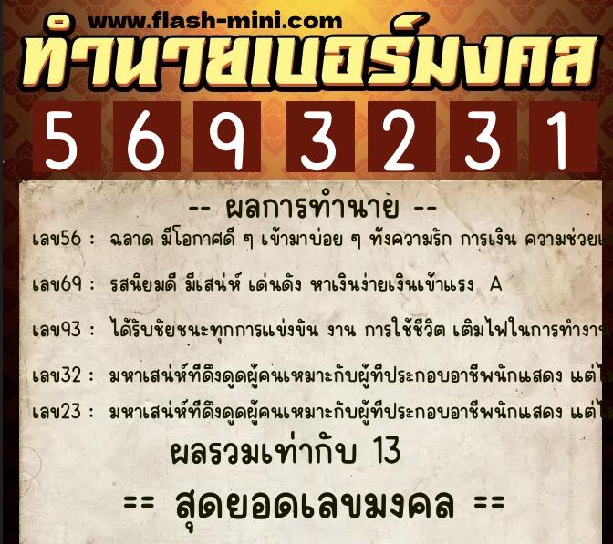 ทำนายเบอร์มงคล 0XX-5693231  ทำนายเบอร์มงคล หมายเลข 060-569323 