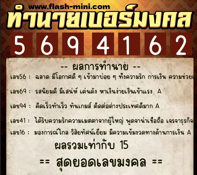 ทำนายเบอร์มงคล 0XX-5694162  ทำนายเบอร์มงคล หมายเลข 094-569416 