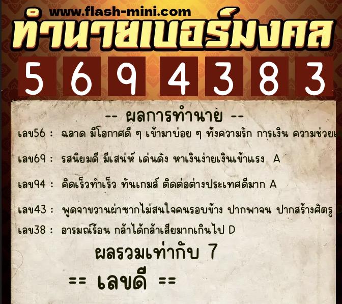 ทำนายเบอร์มงคล 0XX-5694383  ทำนายเบอร์มงคล หมายเลข 088-569438 
