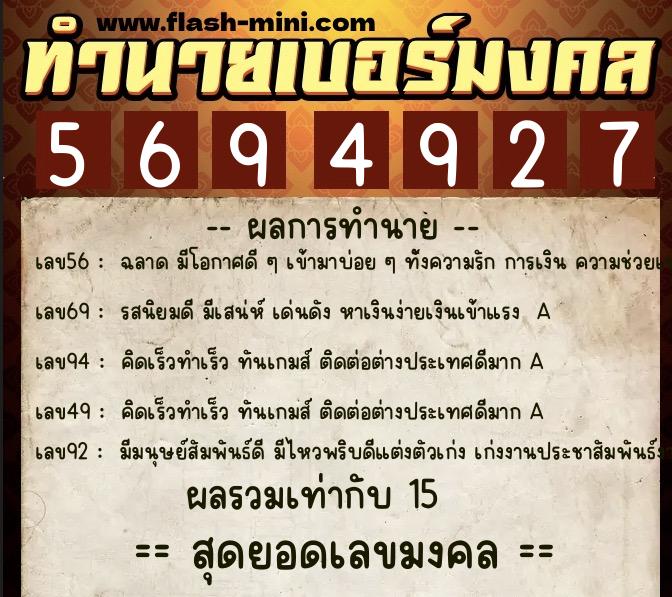 ทำนายเบอร์มงคล 0XX-5694927  ทำนายเบอร์มงคล หมายเลข 096-569492 